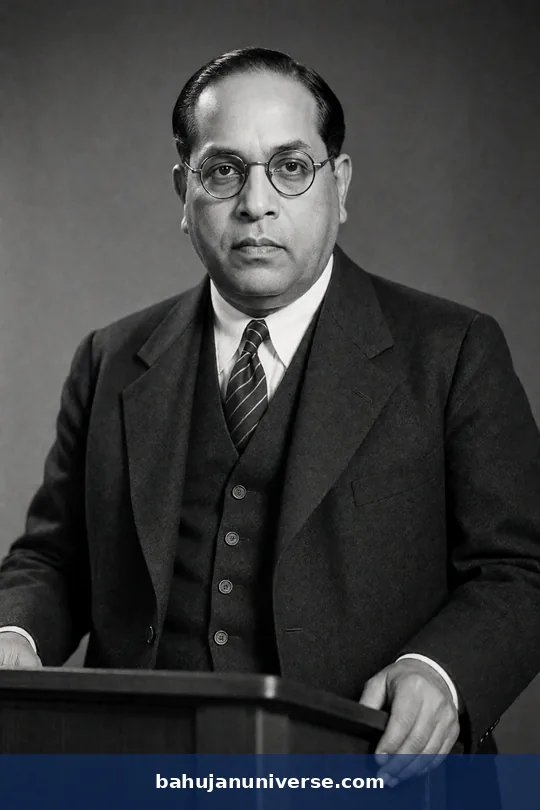 AI-generated portrait of Dr B. R. Ambedkar with both hands on a podium