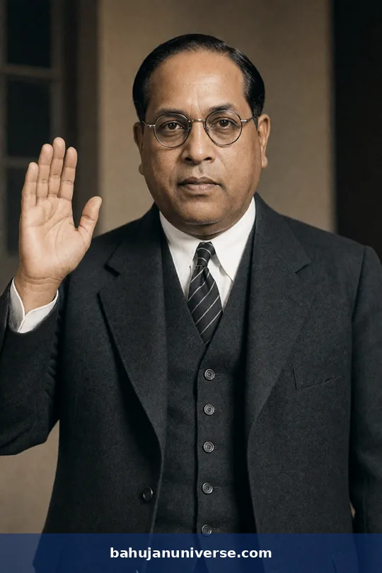 AI-generated portrait of Dr B. R. Ambedkar raising a hand in greeting