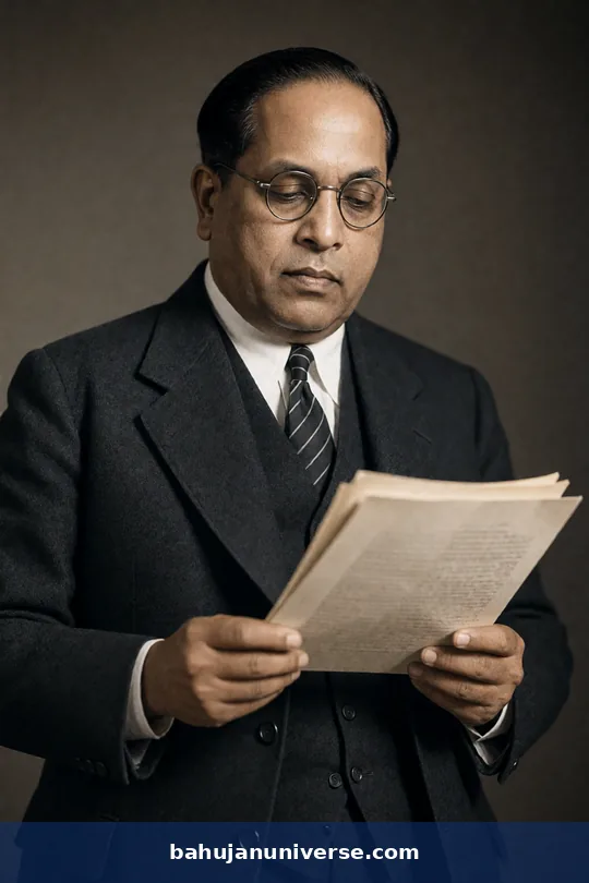AI-generated portrait of Dr B. R. Ambedkar reading papers