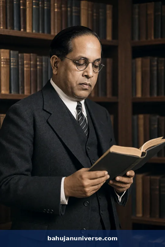 AI-generated portrait of Dr B. R. Ambedkar reading in a library