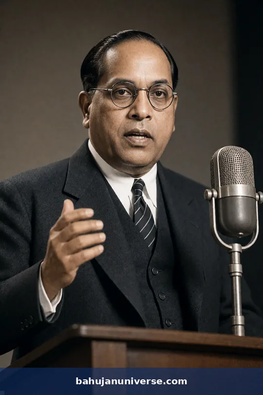 AI-generated portrait of Dr B. R. Ambedkar speaking at a podium