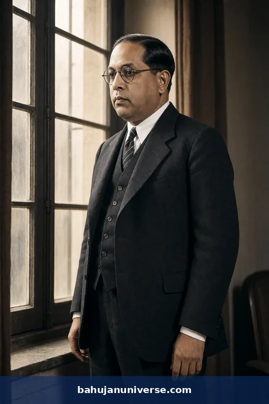 AI-generated profile portrait of Dr B. R. Ambedkar by a window