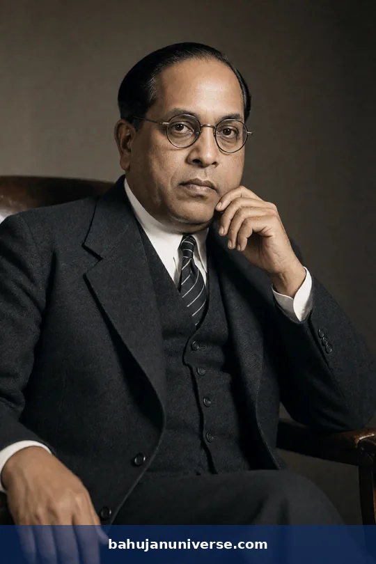 AI-generated portrait of Dr B. R. Ambedkar seated in a chair, thinking