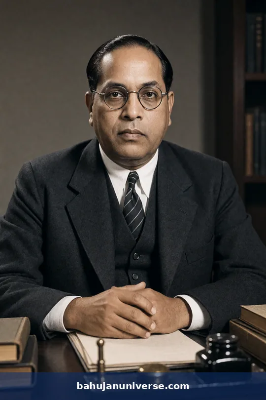 AI-generated portrait of Dr B. R. Ambedkar seated at a desk, facing the camera