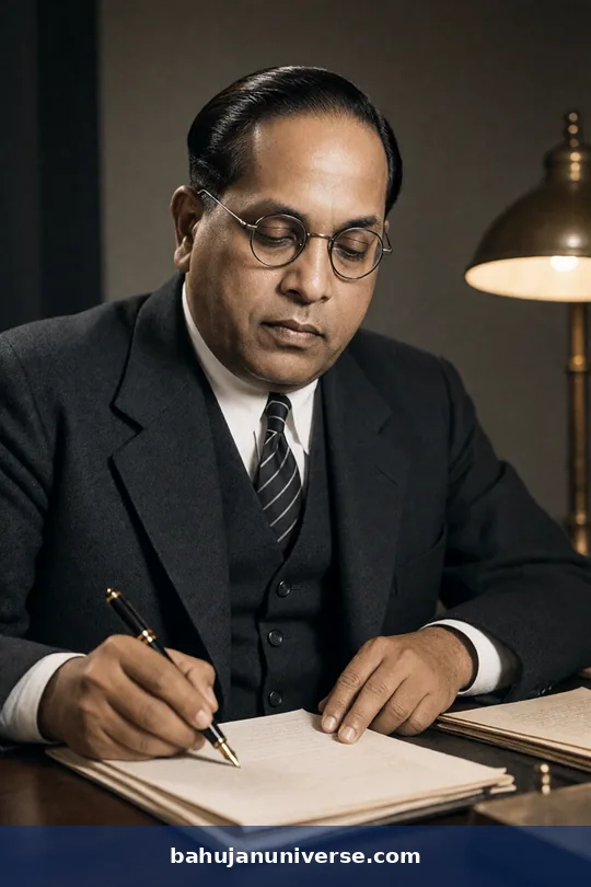 AI-generated portrait of Dr B. R. Ambedkar writing at a desk