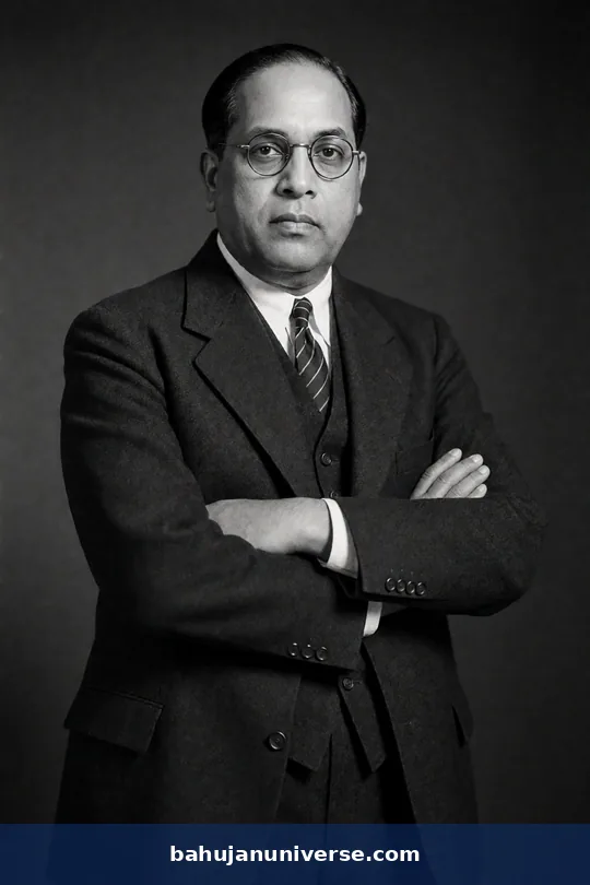AI-generated portrait of Dr B. R. Ambedkar standing with arms crossed