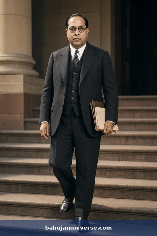 AI-generated portrait of Dr B. R. Ambedkar walking up a flight of stairs